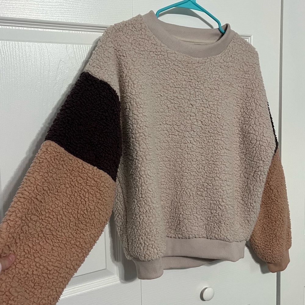 American Eagle Outfitters Colorblock Sherpa Sweatshirt - Cream, Brown, Tan
